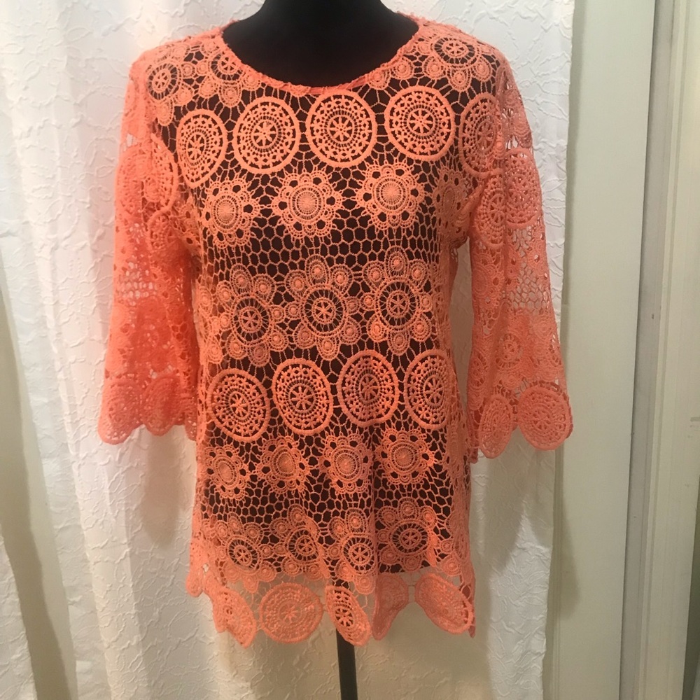 Lisa International Faux Crochet Peach Shirt PM